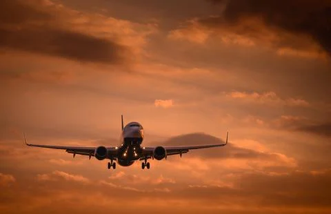 Plane landing during sunset Stock Photos