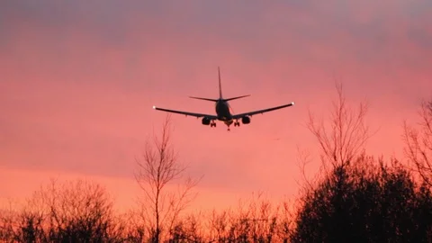 Plane landing pink sunset 스톡 동영상 106592370