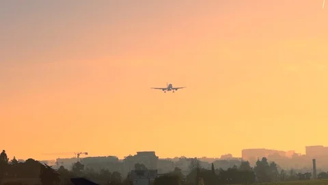 Plane landing at sunset against a beautiful golden sky Stock Footage 110761981