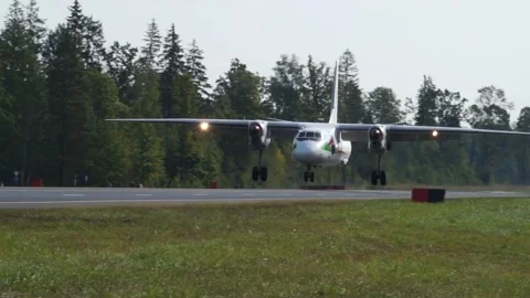 The plane lands on the track Stock Footage 140519672