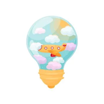 Plane lelit between clouds. Figure inside bulb. Vector illustration. Stock Illustration
