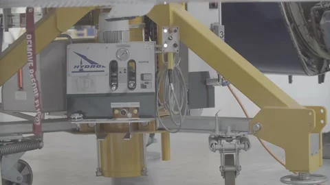 The plane is lifted hydraulically to replace the landing gear Stock Footage 165249751