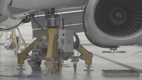 The plane is lifted hydraulically to replace the landing gear Stock Footage 165249766