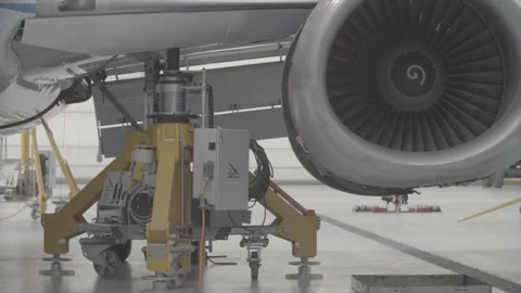 The plane is lifted hydraulically to replace the landing gear Stock Footage 165249768