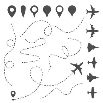 Plane line path. Airplane directional pathway, map dotted trail and fly Stock Illustration