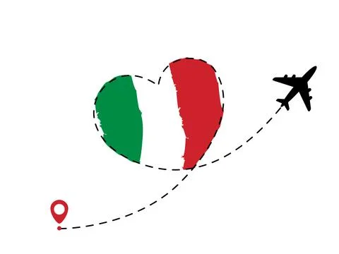 Plane line path in heart form with Italian flag. Romantic love travel Italy Stock Illustration