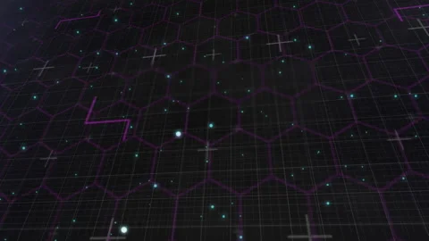 On plane loading hexagonal grid drawing paths and drifting cyan particles Stock Footage 311139978