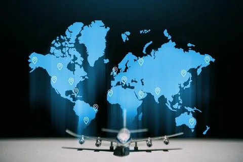 Plane model with holographic world map with waypoints Foto stock