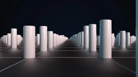 Plane with numerous repeating cylinders. Isometric background with dynamic Illustrazione stock