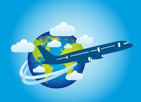 Plane over planet with clouds over blue background. vector Illustrazione stock