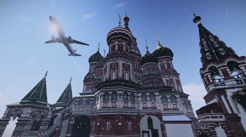 Plane passing at The Cathedral of Vasily the Blessed in Moscow, Russia. Stock Footage 40342979
