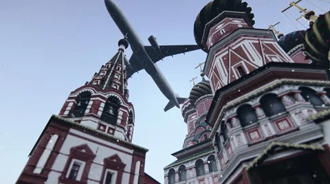 Plane passing at The Cathedral of Vasily the Blessed in Moscow, Russia. Stock Footage 40342981