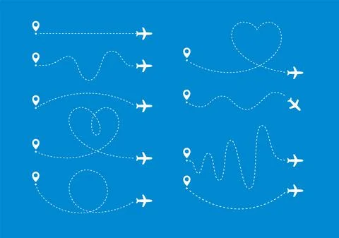 Plane path set. Flying airplane along certain curve lines way from specific map Stock Illustration