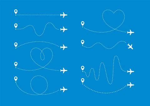 Plane path set. Flying airplane along certain curve lines way from specific map 스톡 일러스트