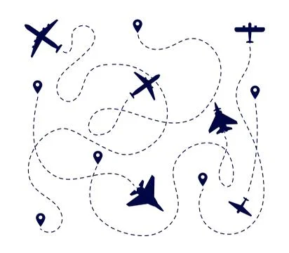 Plane paths. Aircraft way, dotted path or road. Airplane fly route. Travel Stock Illustration