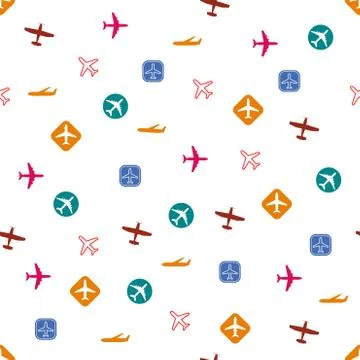 Plane pattern. Seamless airplane background with different types of planes. Vect Stock Illustration
