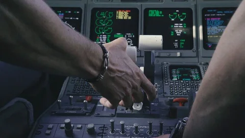 Plane Pilot Pushing Throttle, Inside Of The Cockpit 4k Stock Footage 89825682