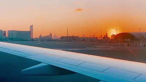 The plane is preparing to take off. Beautiful view of sunset. Stock Footage 266673749