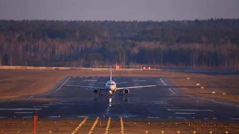 The plane on the runway. Runway on the background of the forest. Stock Footage 103564363