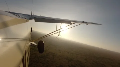 Plane side view flying over dry savannah at sunny morning Stock Footage 310973072