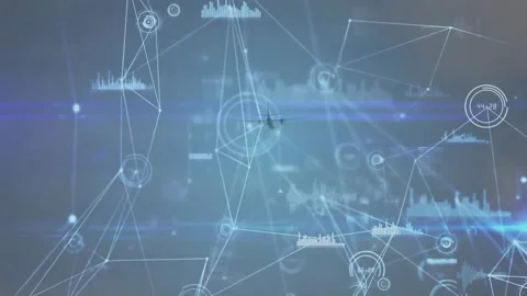 Plane silhouette appearing at center causing network forming, showing live data Stock Footage 329772216