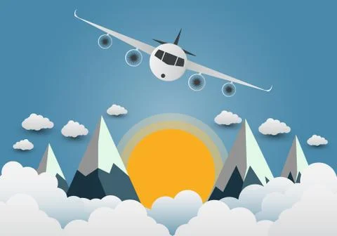 The plane soars over the mountains with beautiful sunsets over the clouds,Vec Stock Illustration