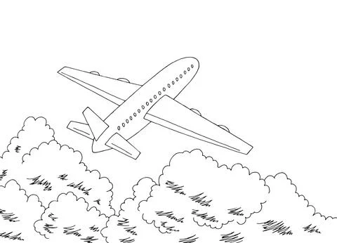 Plane takes off above the clouds graphic black white sketch illustration vector 스톡 일러스트
