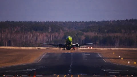 The plane takes off. Runway on the background  forest. Beautiful green plane Stock Footage 103565318