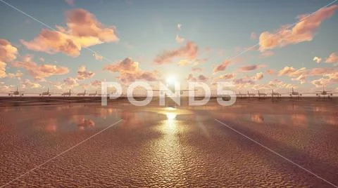 Plane takes off at sunrise background. 3D Rendering Stock Illustration