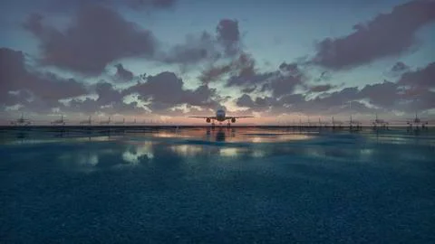 Plane takes off at sunset background in slow motion. 3D Rendering Stock Illustration