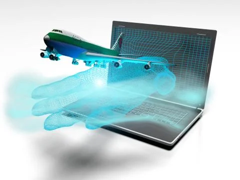 Plane taking off from the laptop hand, 3d render Stock Illustration