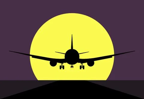 Plane taking off or landing at sunset, rear view. Vector illustration. Stock Illustration