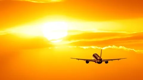Plane is taking off at sunset Foto stock