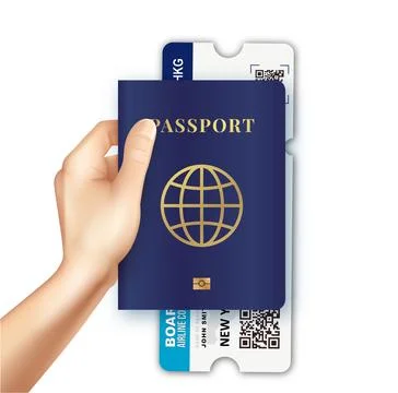 Plane ticket is attached to the passport. Vector with realistic international Stock Illustration