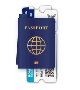 Plane ticket is attached to the passport. Vector with realistic international Stock Illustration