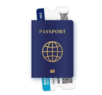 Plane ticket is attached to the passport. Vector with realistic international Stock Illustration