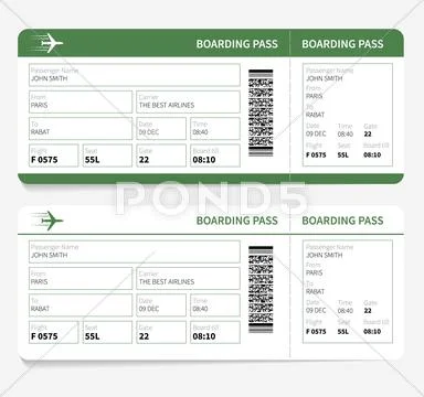 Plane tickets green boarding pass and gate number Stock Illustration