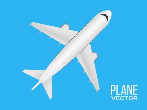Plane top view on blue background. Realistic airplane concept. White airliner Stock-Illustration