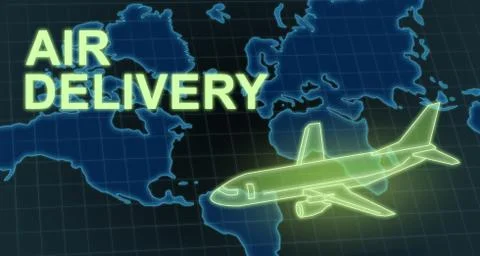 Plane transporting goods over world map and words AIR DELIVERY, illustration. 스톡 일러스트