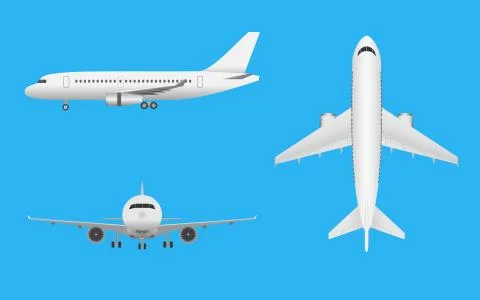 Plane vector. Airplane in all point of view. Airliner in front side Stock-Illustration