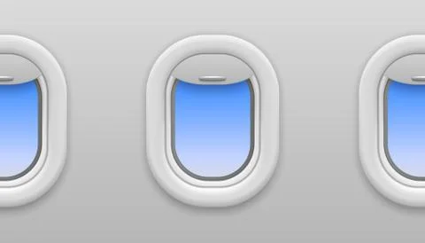 Plane window. Airplane windows with blue sky view, opened porthole in flying Stock Illustration