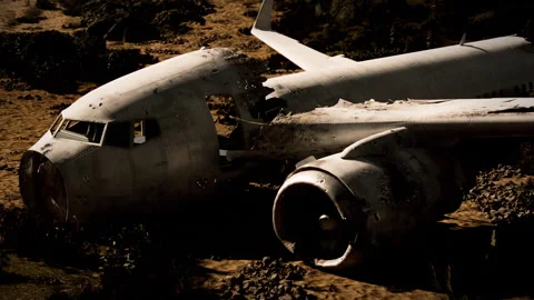 Plane wreckage at crash site surrounded by debris and wreckage Stock Footage 313980249