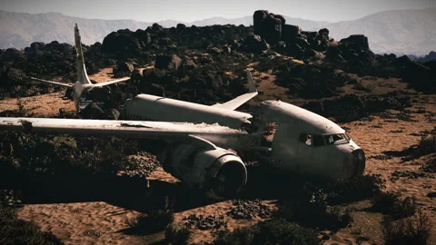 Plane wreckage found in remote desert after a tragic aviation incident Stock Footage 324033752