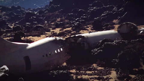 Plane wreckage in remote mountainous area after devastating crash incident Stock Footage 313980245