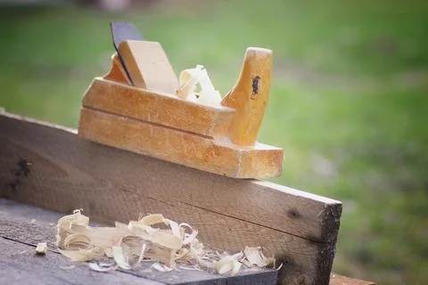 Planer carpentry tool sawdust Stock Photos