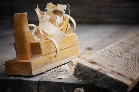 Planer carpentry tool sawdust Stock Photos