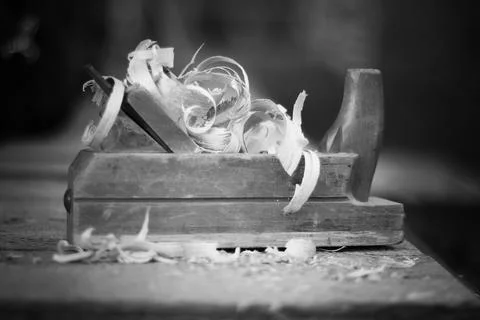 Planer carpentry tool sawdust Stock Photos