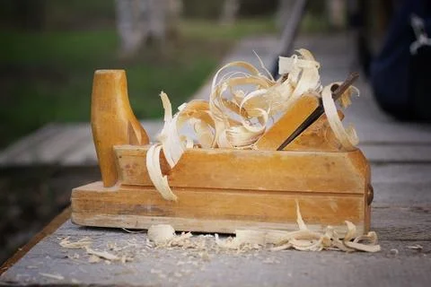 Planer carpentry tool sawdust Stock Photos