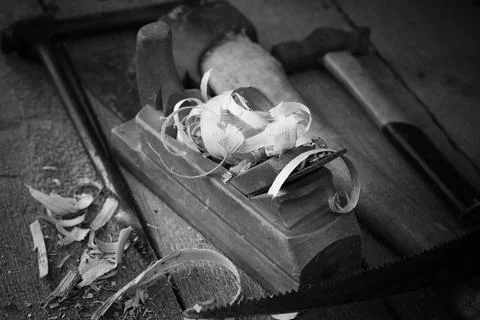 Planer carpentry tool sawdust Stock Photos