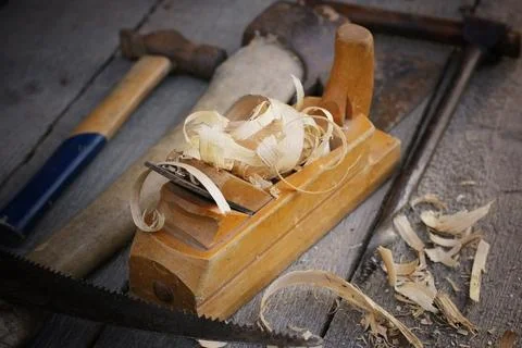 Planer carpentry tool sawdust Stock Photos